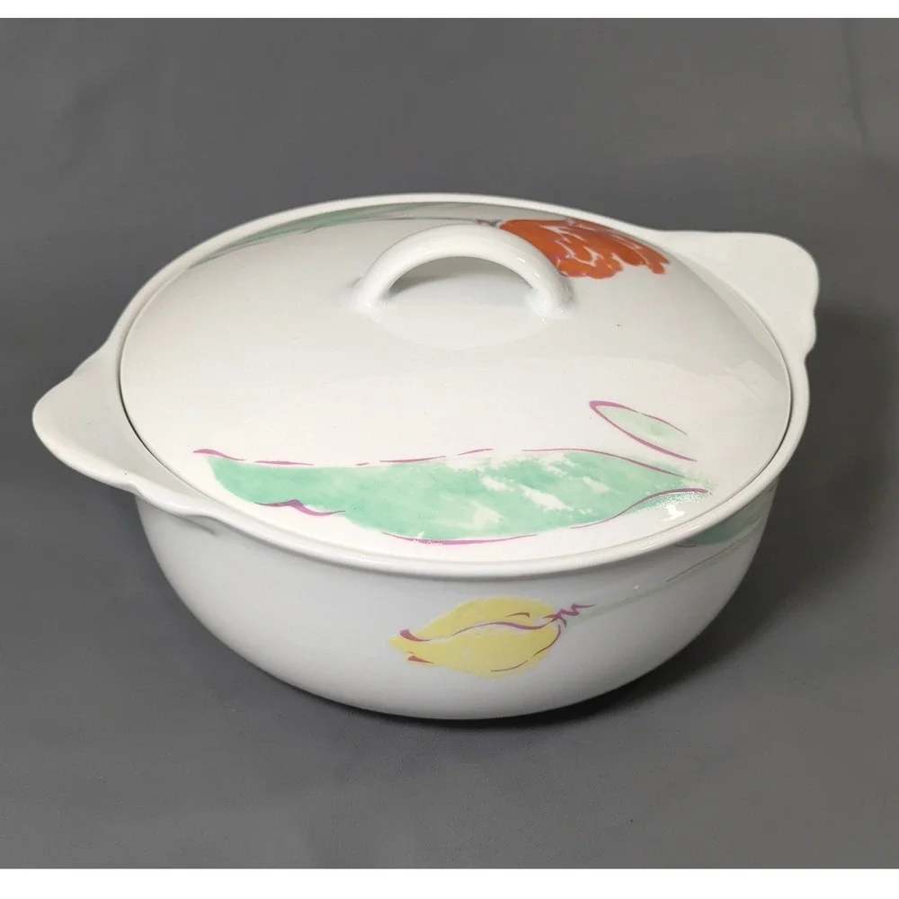 Vintage White Ceramic Floral Tulip Lidded Casserole Dish Round Serving Bowl